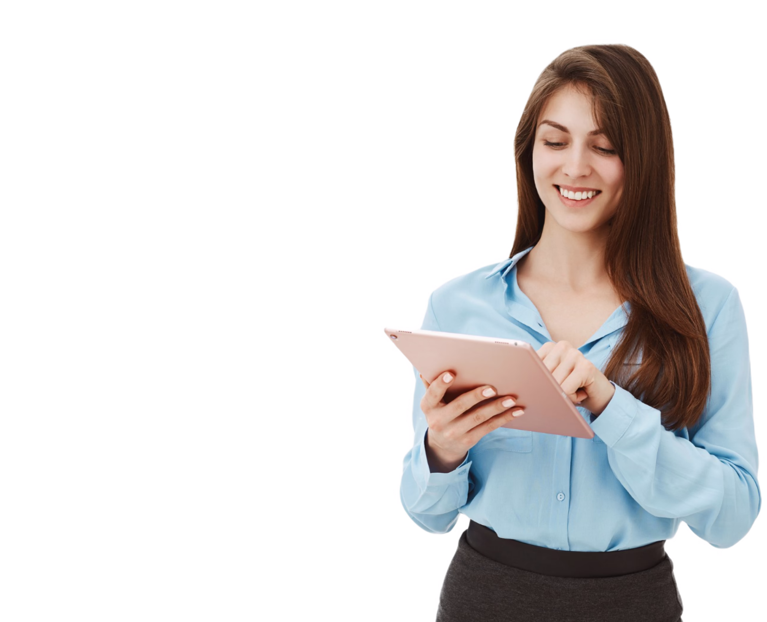 smiling woman looking at a tablet